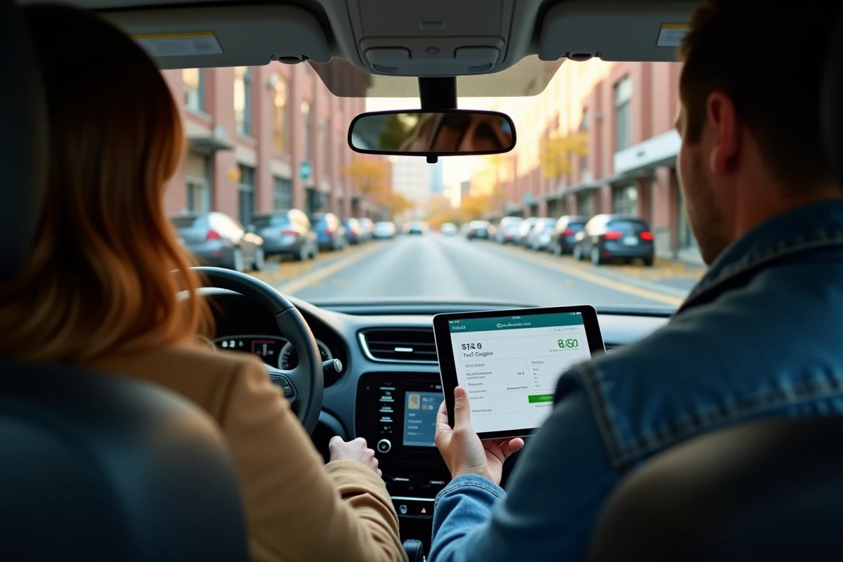 Couple en voiture consultant un récapitulatif des frais de voyage incluant péages et carburant sur une tablette avec ViaMichelin