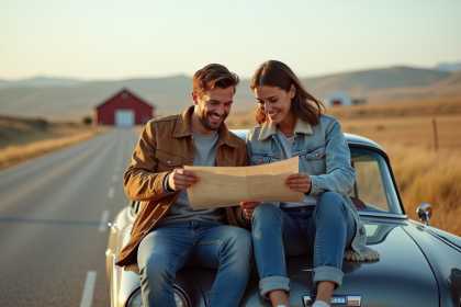 Couple souriant avec voiture classique sur la route