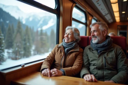 Couple souriant dans train panoramique suisse avec paysage alpin