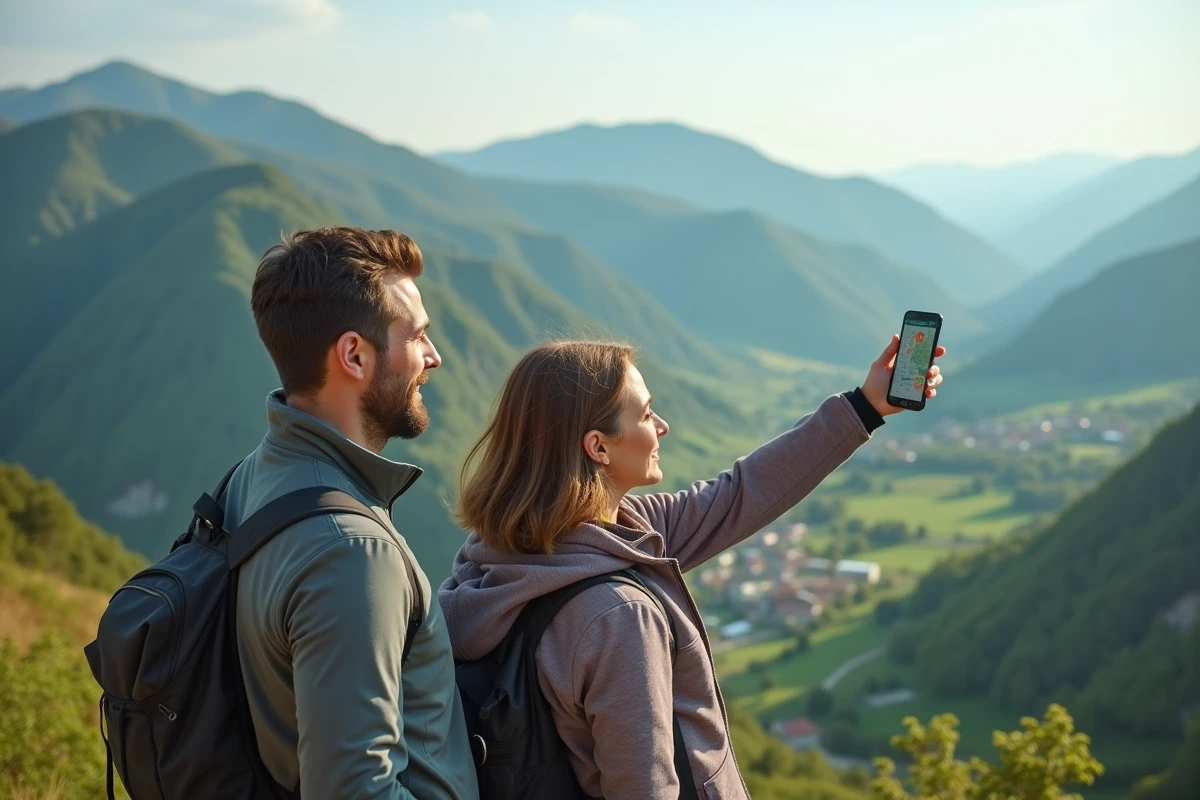Couple de voyageurs vérifiant la couverture réseau mobile Saily sur smartphone lors d'un trek en montagne pendant un tour du monde