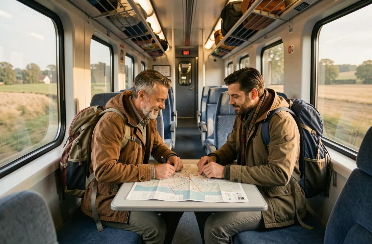 Couple de voyageurs consultant une carte de train à bord d'un TGV en route vers Venise depuis la France