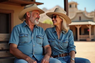 Couple assis sur un banc devant un saloon western