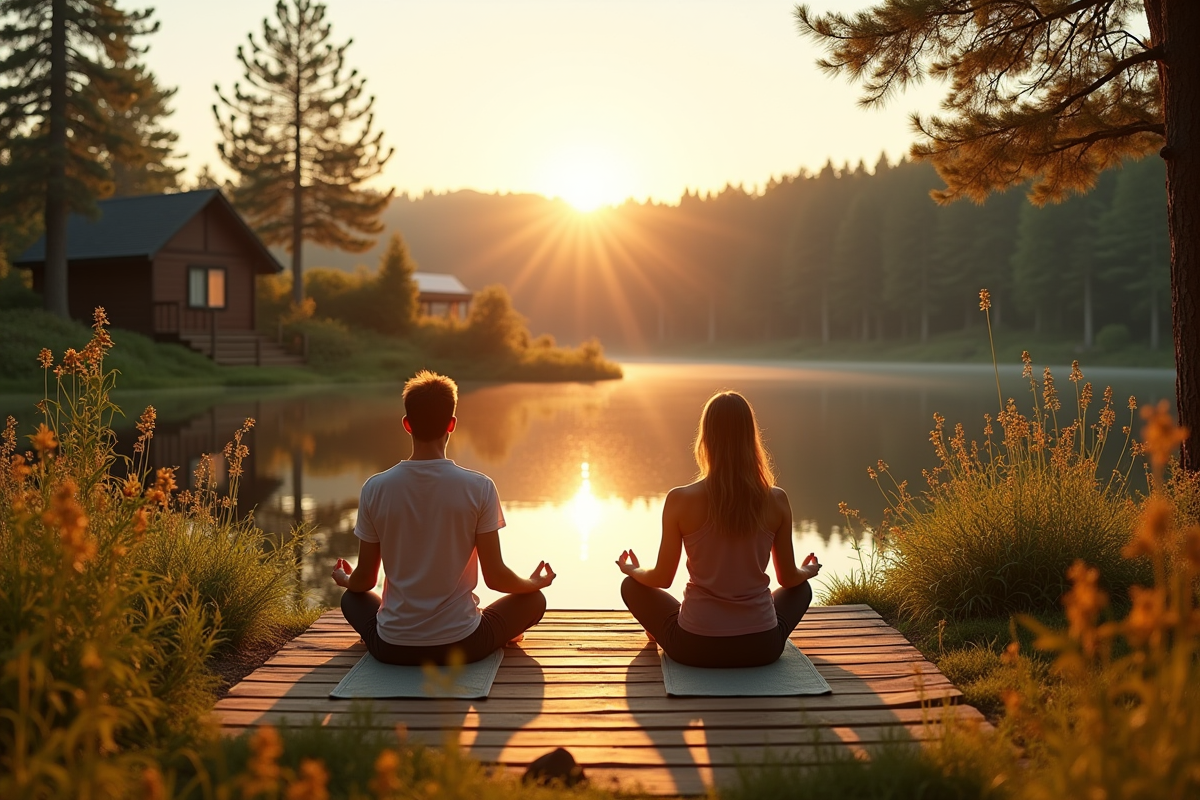 Couple pratiquant le yoga au lever du soleil sur un pont en bois