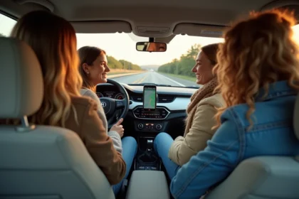 Groupe de covoitureurs souriants dans une voiture avec itinéraire Mappy affiché sur smartphone