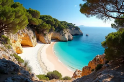 Crique sauvage et préservée de Rayol-Canadel avec sable blanc et eau turquoise entourée de maquis méditerranéen