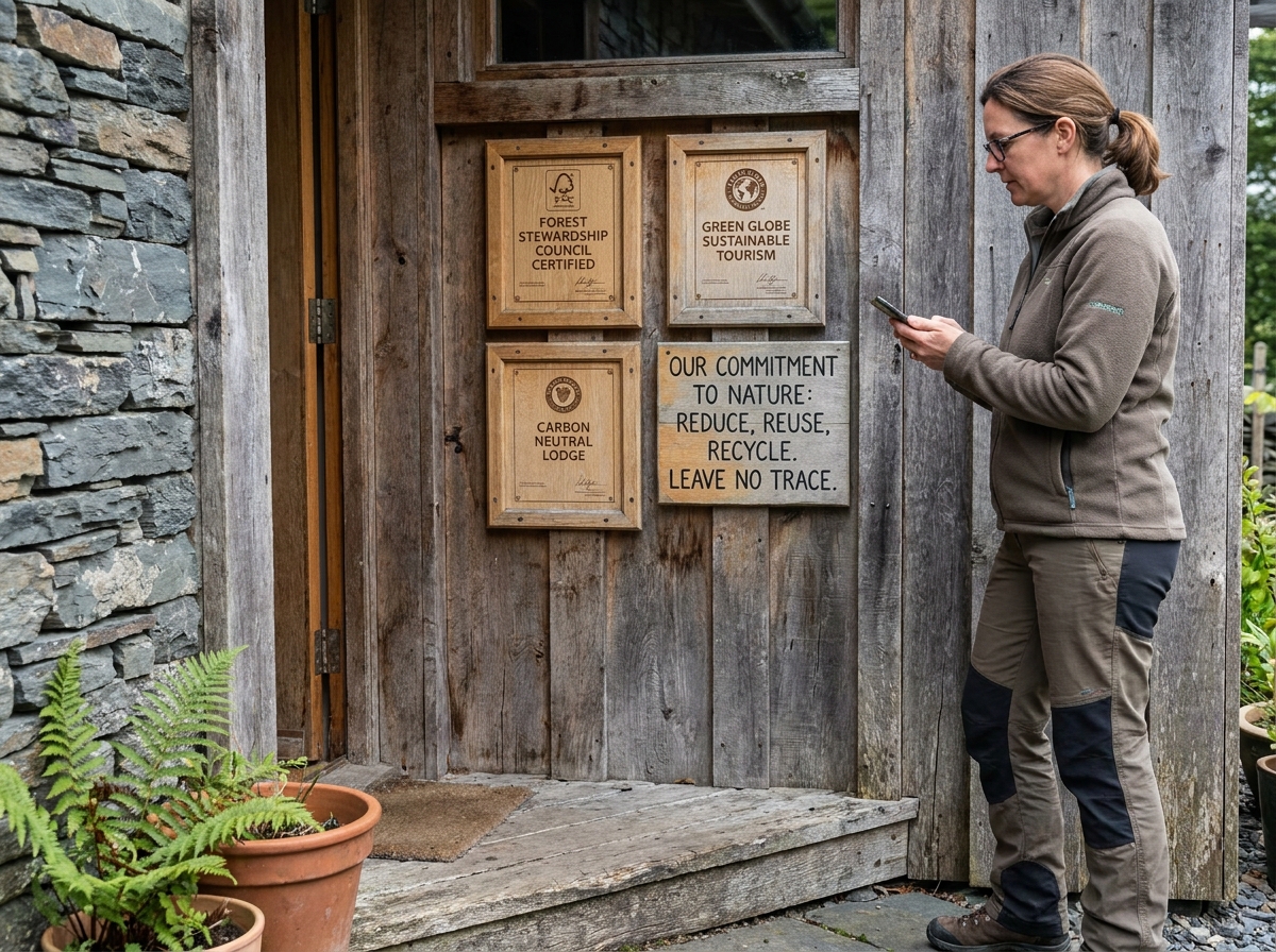 Voyageuse lisant attentivement les certifications environnementales et les engagements durables affichés à l'entrée d'un éco-lodge pour éviter le greenwashing