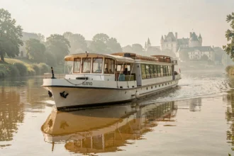 Bateau de croisière fluviale naviguant sur la Loire avec châteaux en arrière-plan