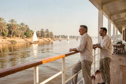 Couple en croisière sur le Nil en Égypte depuis le pont d'un bateau de croisière abordable