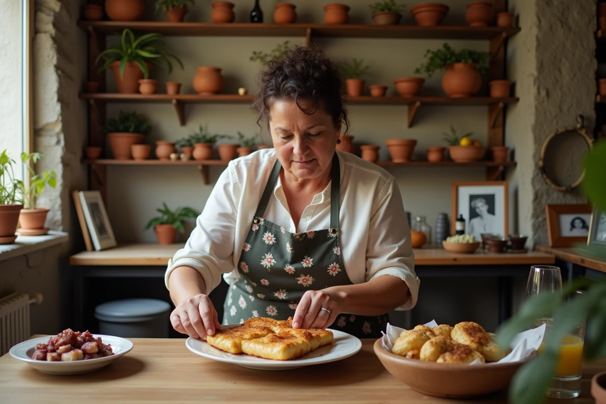 Cuisinière grecque servant des spécialités locales dans une taverne authentique de Skopelos