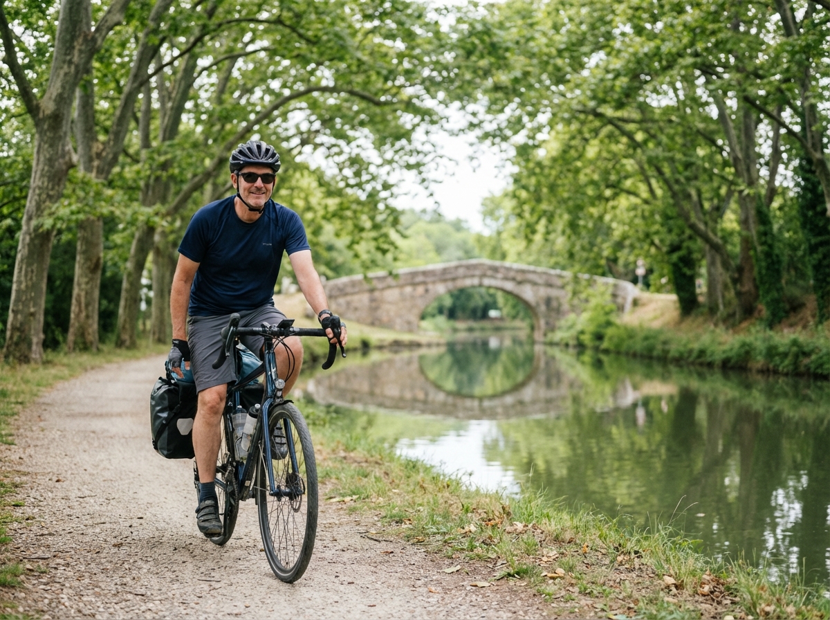 Homme à vélo sur le Canal du Midi en pleine nature