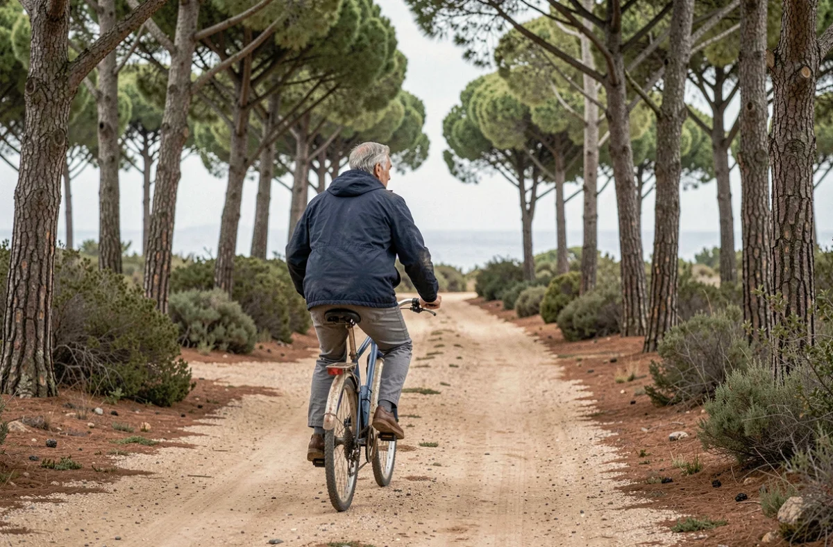 Cycliste solitaire sur un chemin forestier de l'île de Porquerolles entouré de pins méditerranéens en automne