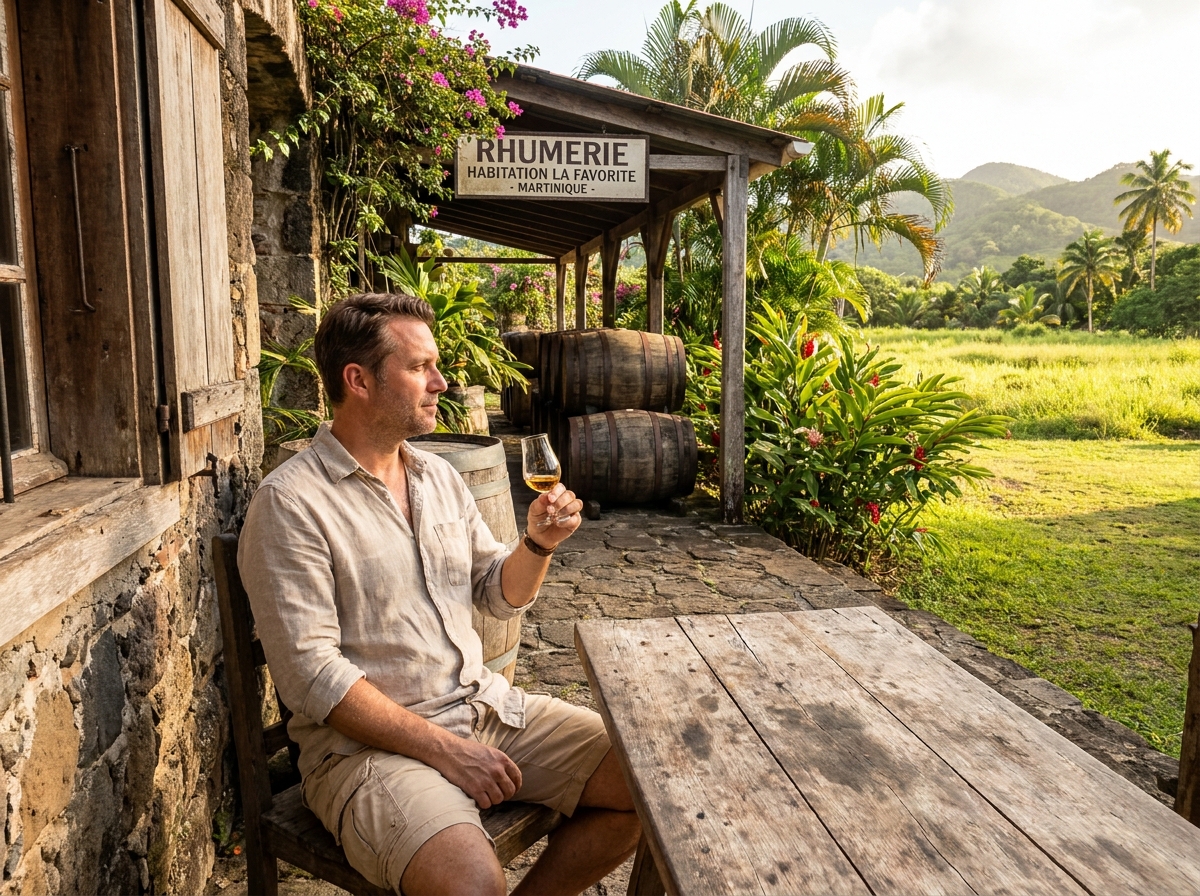 Homme dégustant du rhum agricole sur la terrasse d'une distillerie traditionnelle en Martinique