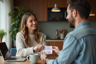Femme souriante donnant un billet à un homme dans une cuisine chaleureuse