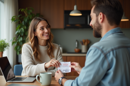 Femme souriante donnant un billet à un homme dans une cuisine chaleureuse