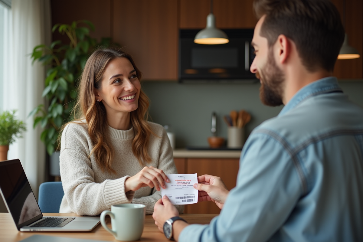 Femme souriante donnant un billet à un homme dans une cuisine chaleureuse