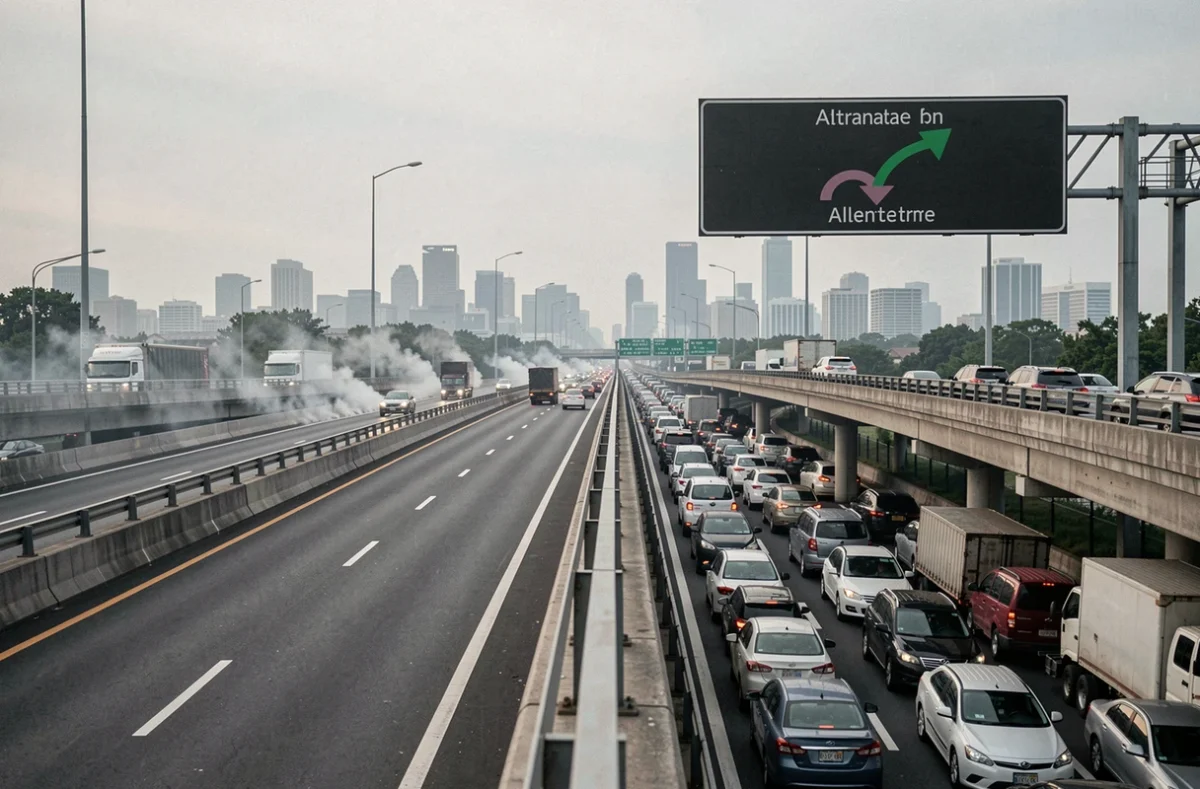Vue aérienne d'un échangeur autoroutier urbain avec voies saturées aux heures de pointe et itinéraire alternatif affiché