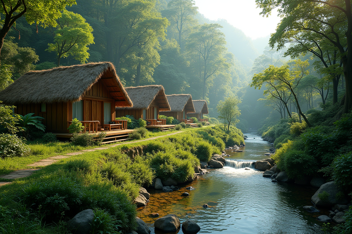 Resort écologique dans une forêt verdoyante avec cabanes en bois