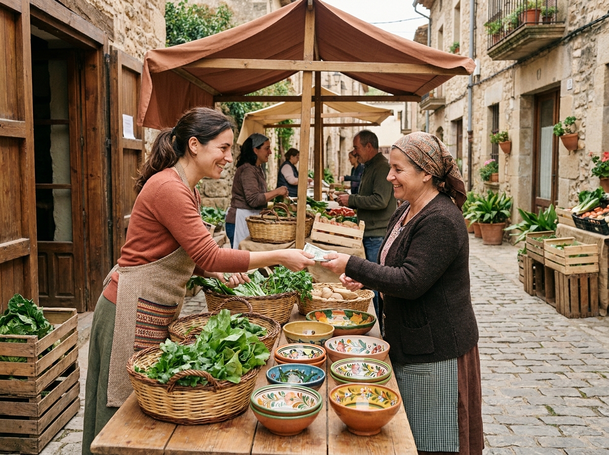 Employée d'un éco-lodge achetant des légumes frais et des céramiques artisanales directement auprès de producteurs locaux sur un marché de village