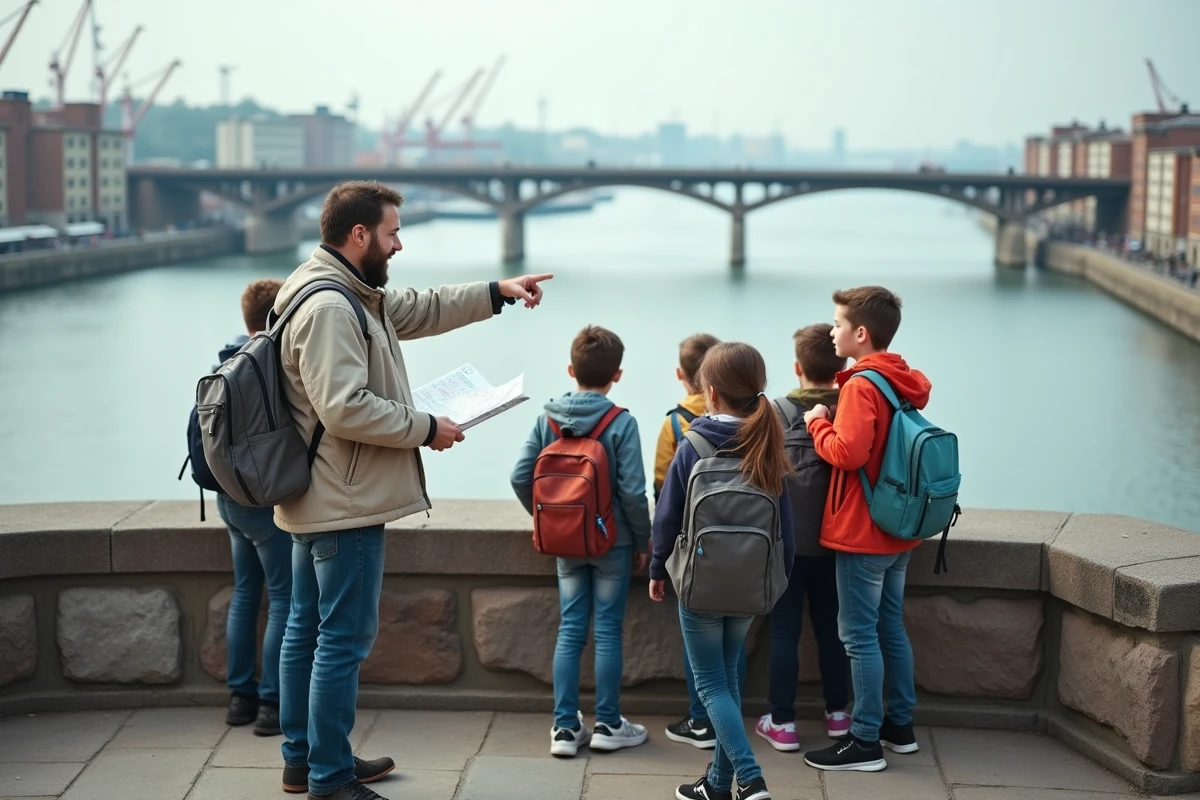 Groupe d'élèves en sortie scolaire observant le Rhin depuis un belvédère avec leur enseignant