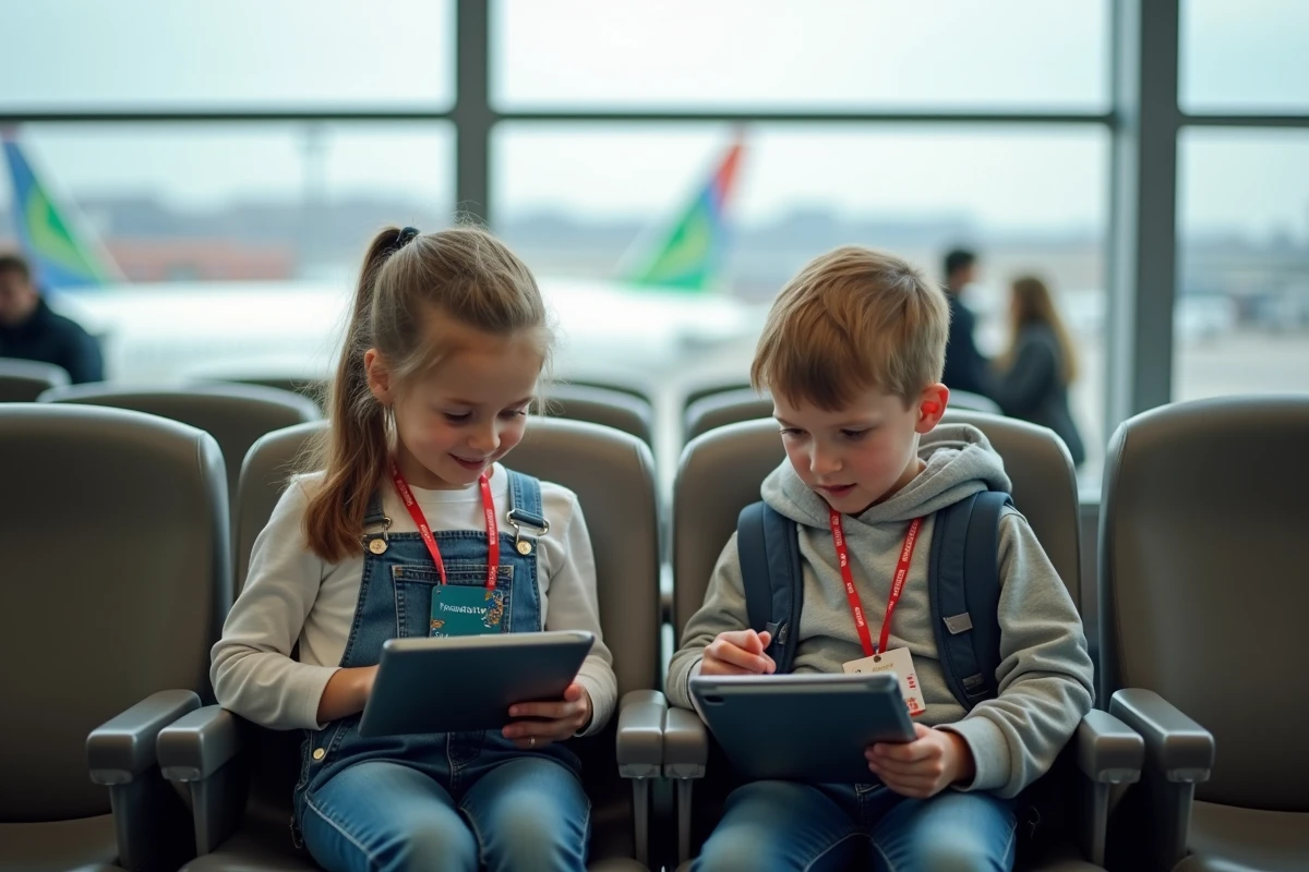 Deux enfants attendant leur vol Transavia dans le salon d'aéroport avec tablettes et collations