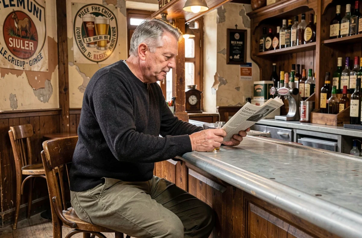 Homme attablé dans un estaminet traditionnel belge à Liège, savourant un genièvre dans un bar authentique non touristique