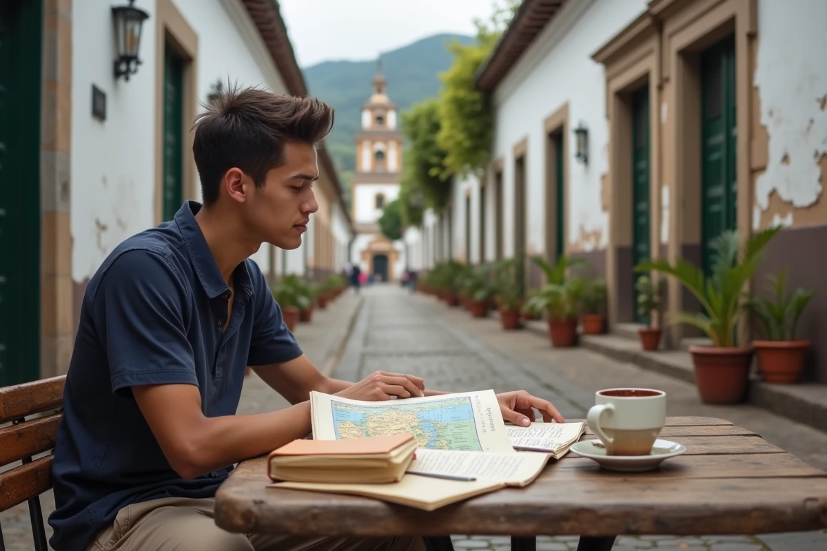 Étudiant révisant les capitales du Nicaragua dans un café colonial de León avec cartes et cahiers de notes