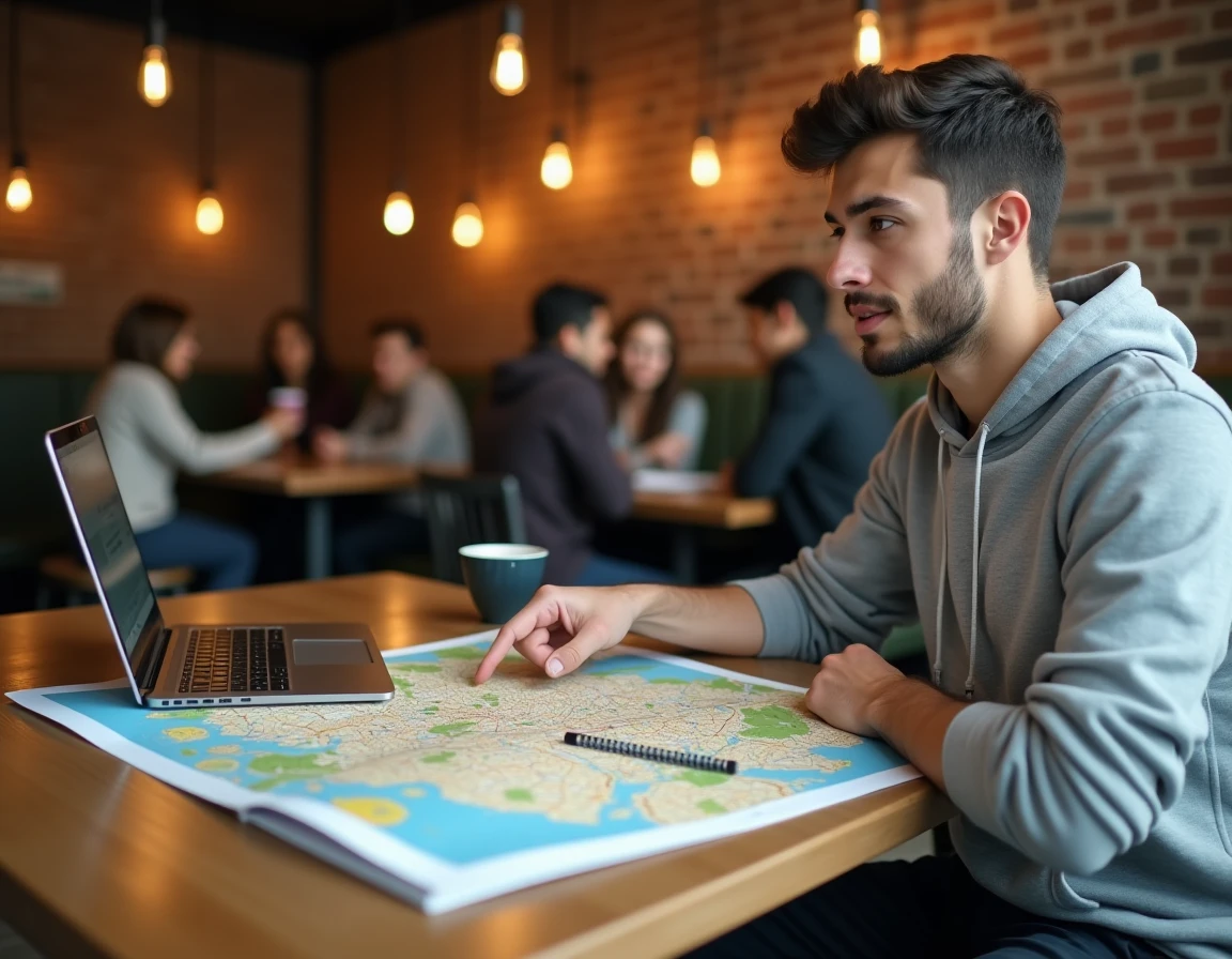 Étudiant planifiant son parcours universitaire sur une carte imprimée de Washington D.C. dans un café américain