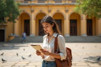 Étudiante consultant ses fiches de révision devant le Palacio Nacional de Managua, capitale du Nicaragua