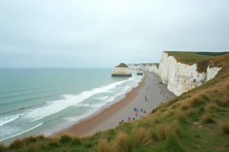 Vue panoramique des falaises d'Étretat en Normandie avec l'arche naturelle et la plage de galets, paysage côtier touristique emblématique