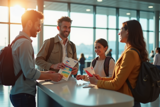 Famille souriante à l'aéroport avec billets et bons vacances