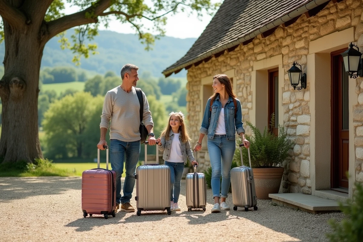 Famille heureuse arrivant dans une résidence de vacances rurale lors des vacances scolaires avec Iris Vacances