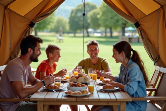 Famille souriante autour d'un petit déjeuner en camping