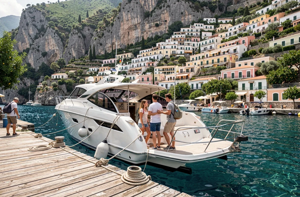 Famille débarquant d'une chaloupe de croisière sur le port d'Amalfi avec les falaises spectaculaires en arrière-plan
