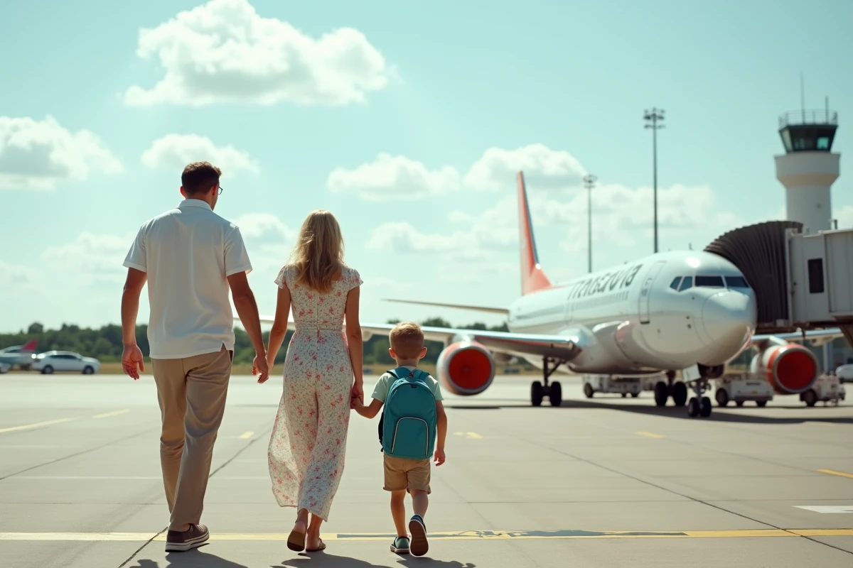 Famille marchant sur le tarmac vers un avion Transavia avant l'embarquement
