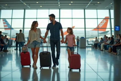 Famille heureuse avec enfants en train de faire l'enregistrement à l'aéroport avec Transavia