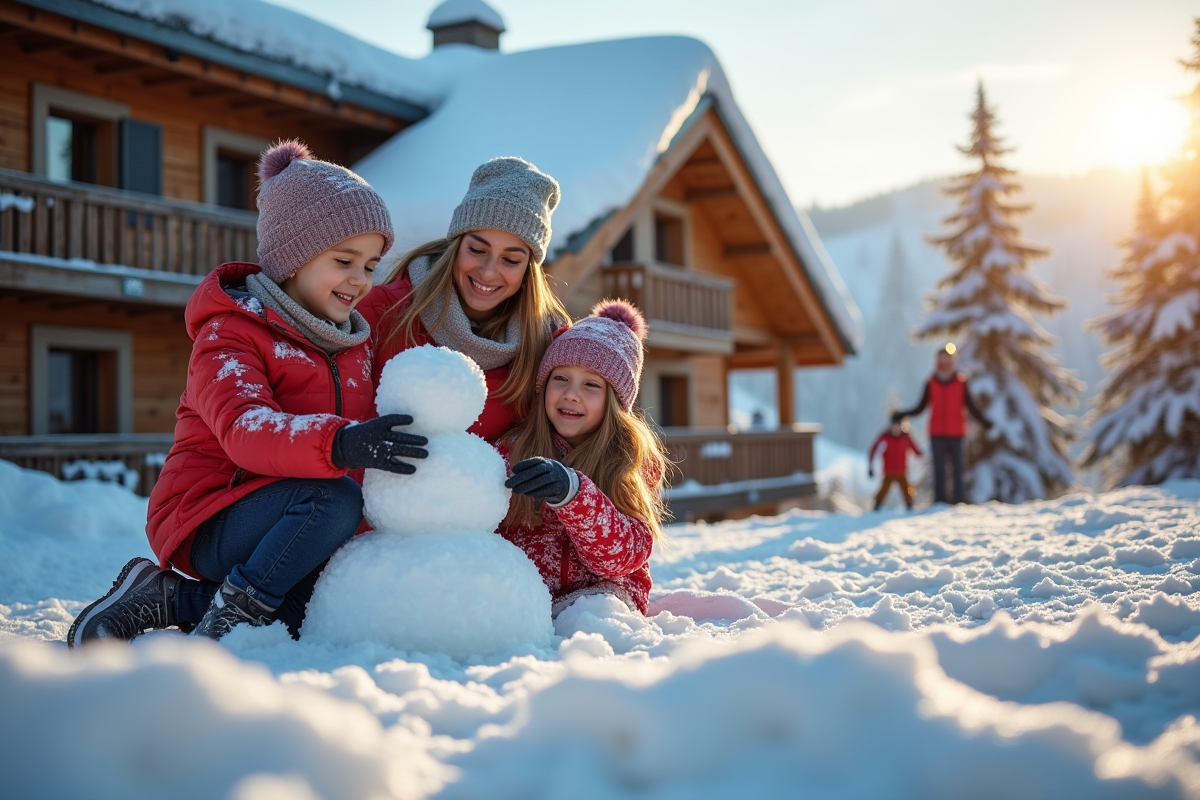 Famille jouant dans la neige a La Plagne avec chalet et skieurs