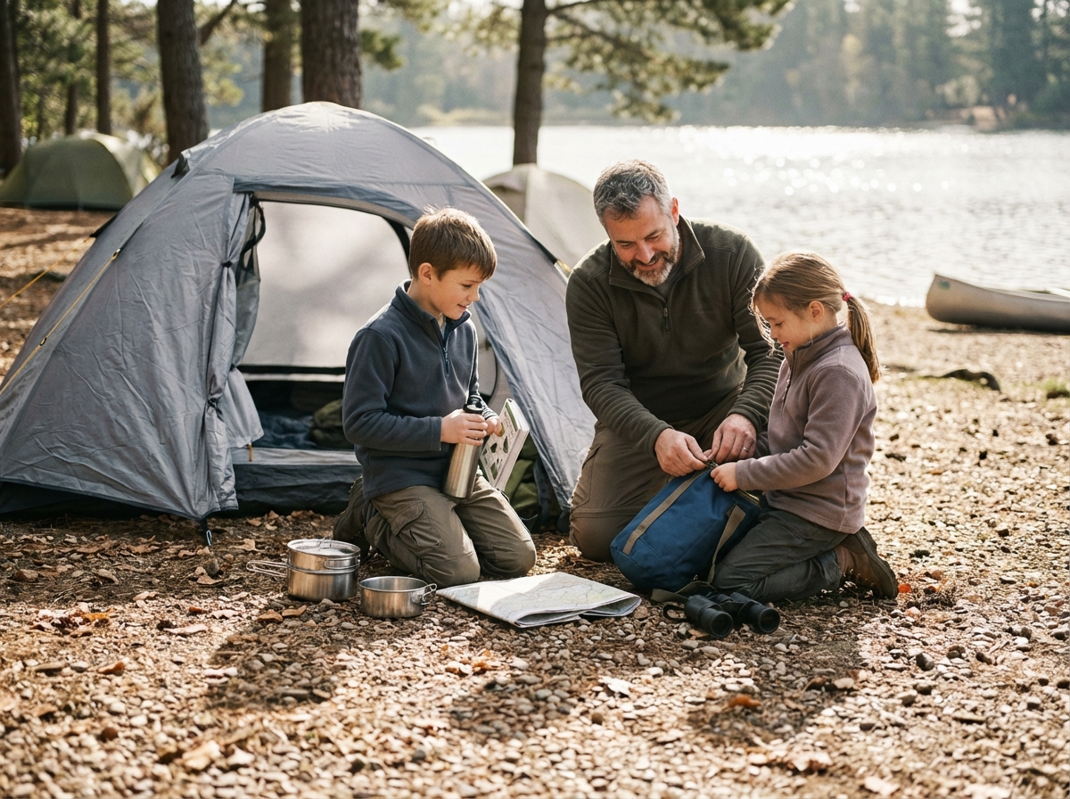 Famille préparant leurs affaires de camping près du lac