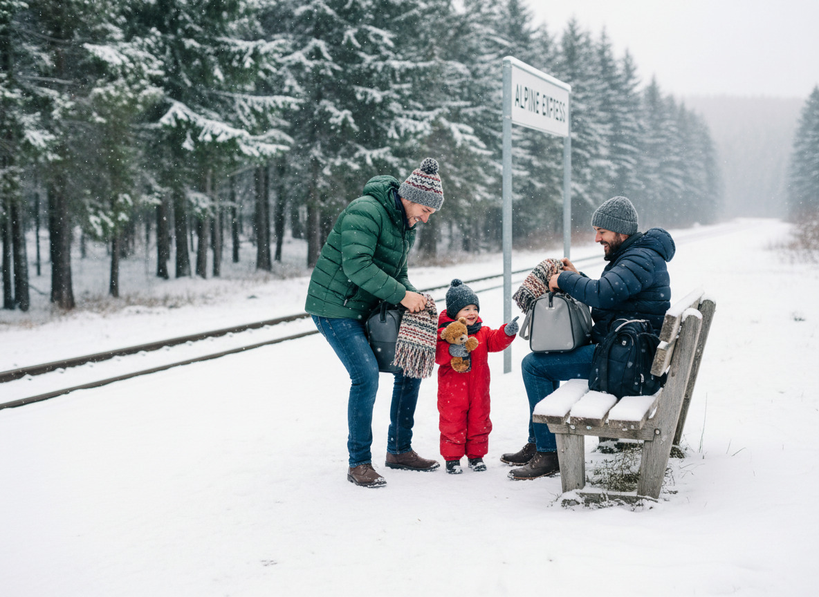 Famille en hiver préparant leurs bagages à la gare