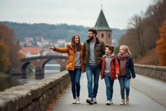 Famille se promenant sur le Vieux Pont de Heidelberg avec vue sur la vieille ville et les collines boisées en automne