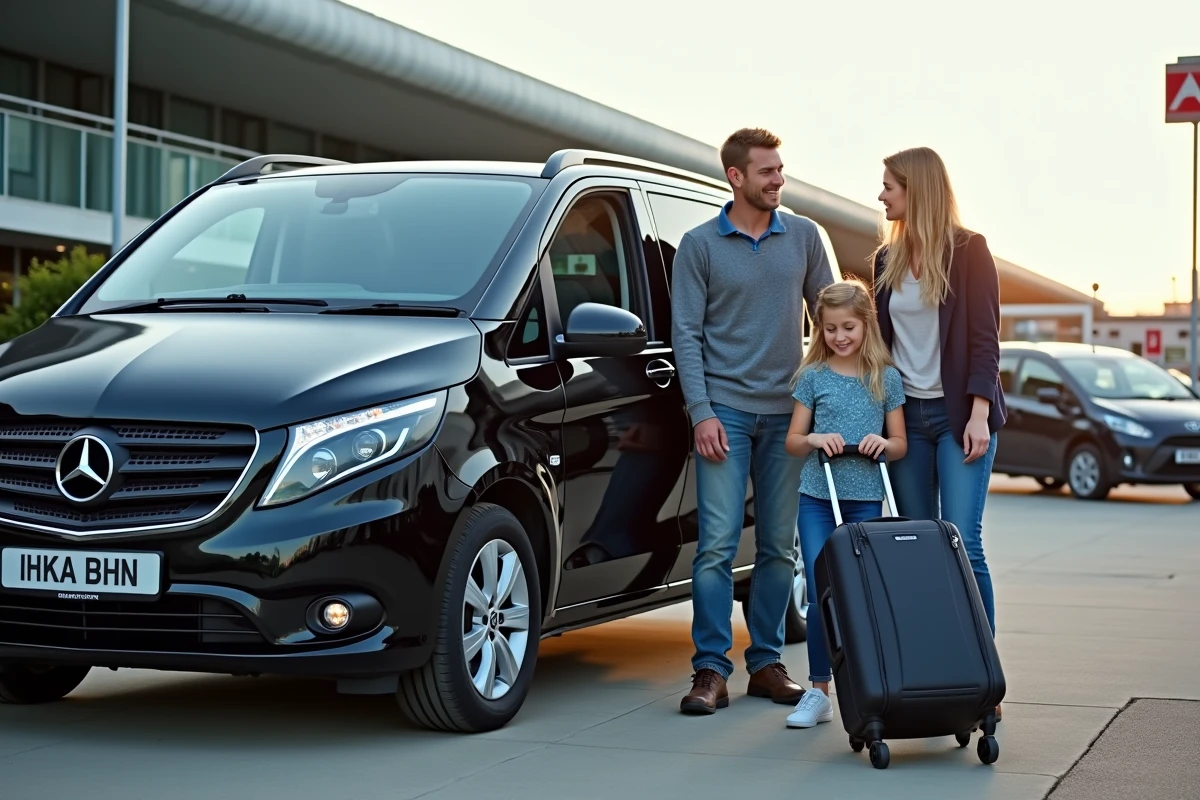 Famille avec voiture à la sortie de l