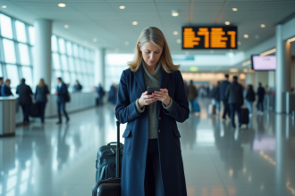 Femme d'âge moyen dans un aéroport moderne consulte son smartphone