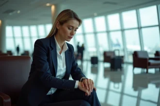 Femme d'affaires regardant sa montre dans un lounge parisien