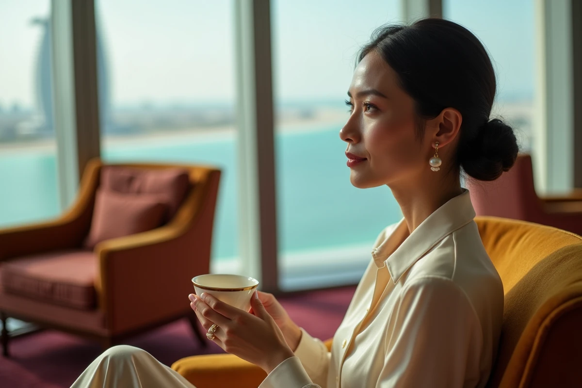 Femme élégante savourant un thé dans un fauteuil doré au Sky View Bar du Burj Al Arab avec vue sur Dubaï