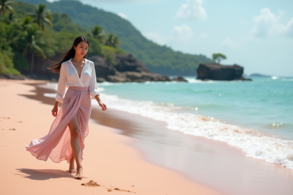 Femme balinaise marche sur la plage rose de Bali