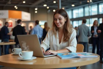 Femme stylée travaillant sur son ordinateur lors d'une conférence voyage