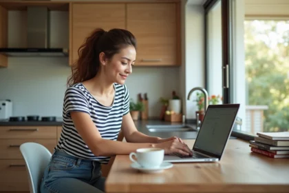 Jeune femme en cuisine regardant son ordinateur pour des offres de vol