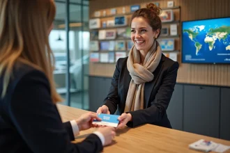 Femme souriante offrant une carte cadeau voyage à un conseiller