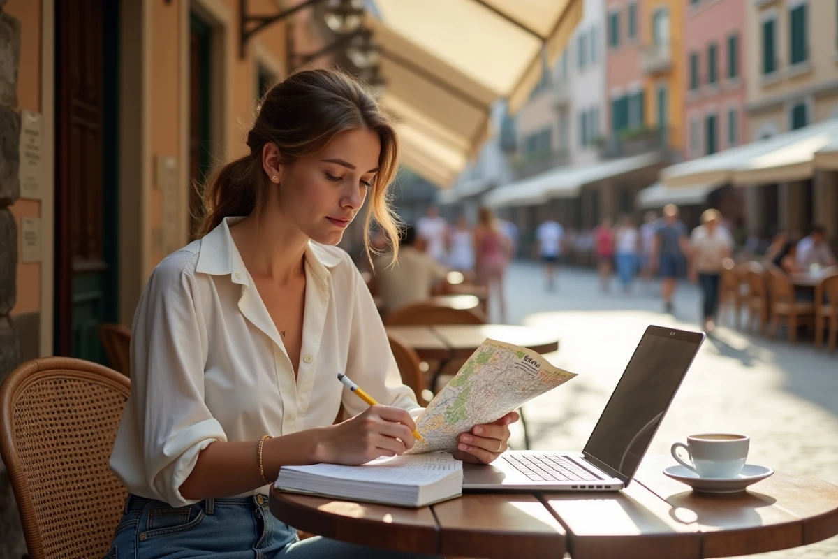 Jeune femme lisant un guide dans une place méditerranéenne