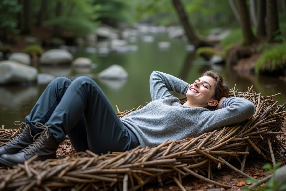 Jeune femme allongée sur un lit de branches en forêt