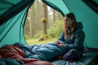Jeune femme en plein air ouvre son sac de couchage